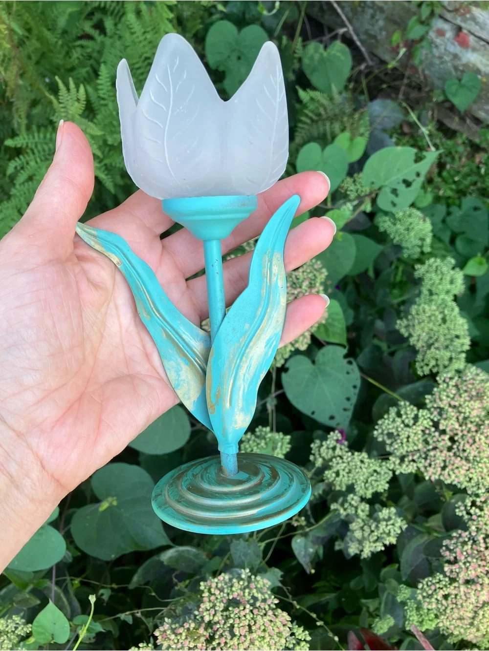 Vintage Pair of Frosted Glass Tulip Candle Holders w/ Turquoise Metal Stems
